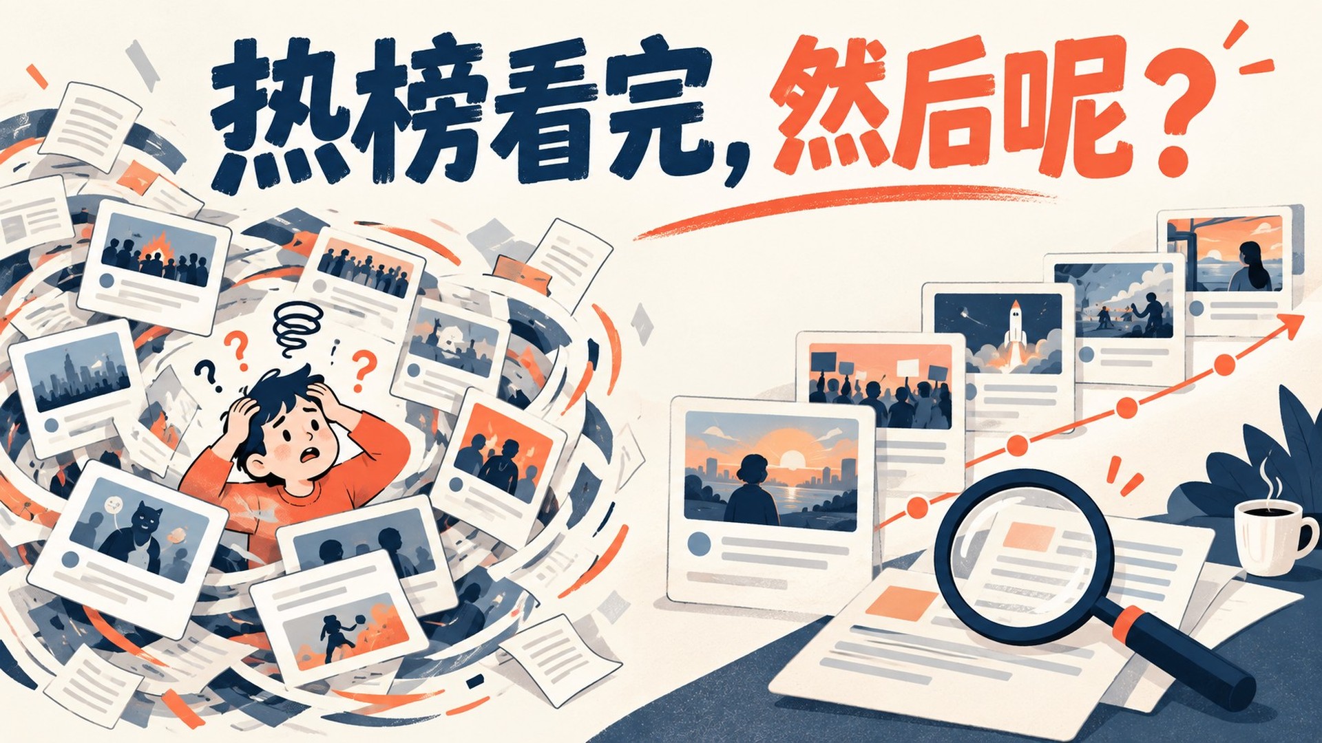 热榜看完，然后呢？杂乱重复新闻与有序事件时间线的概念插画
