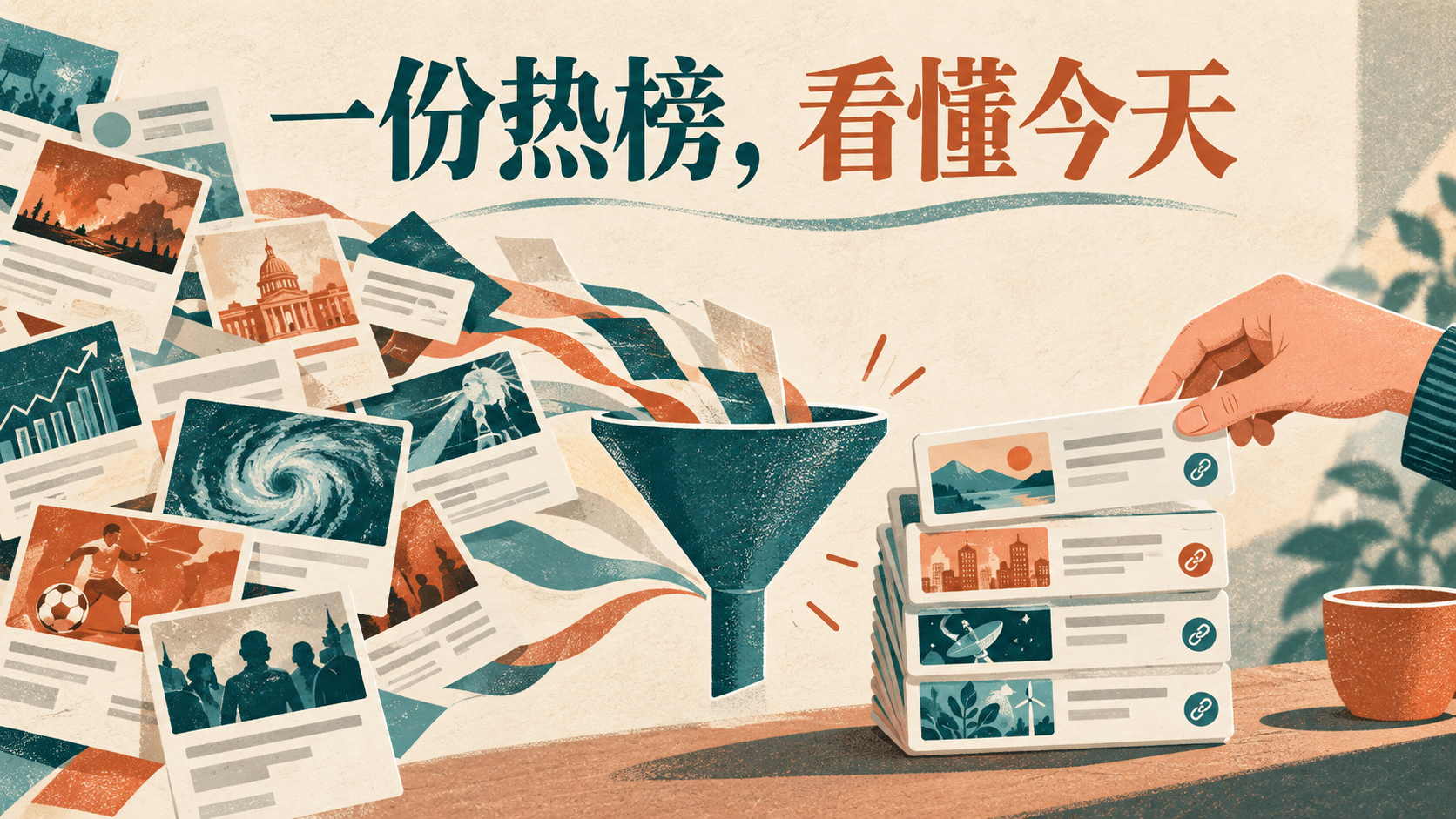 一份热榜，看懂今天：多张消息卡片经整理后成为保留来源链接的清晰卡片堆