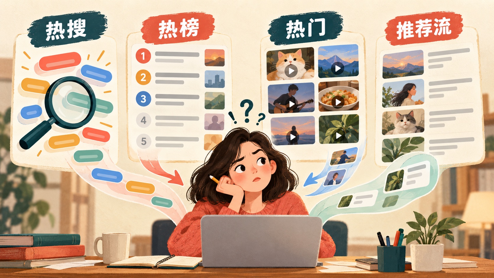 读者面对热搜、热榜、热门与推荐流四种内容入口的概念插画，AI辅助制作