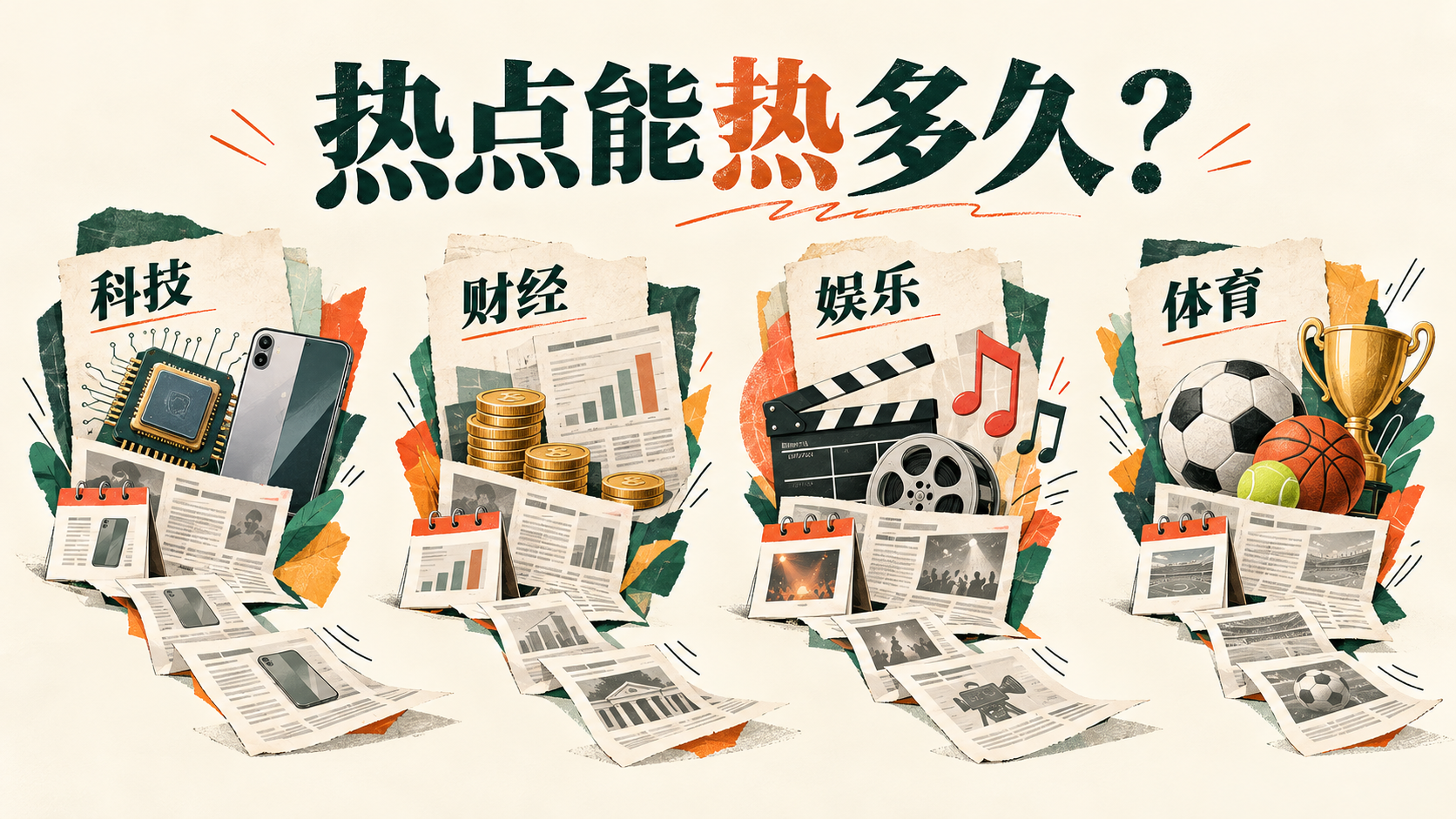 科技芯片、财经报表、电影场记板和体育奖杯四组新闻卡片，配有日历与后续报道